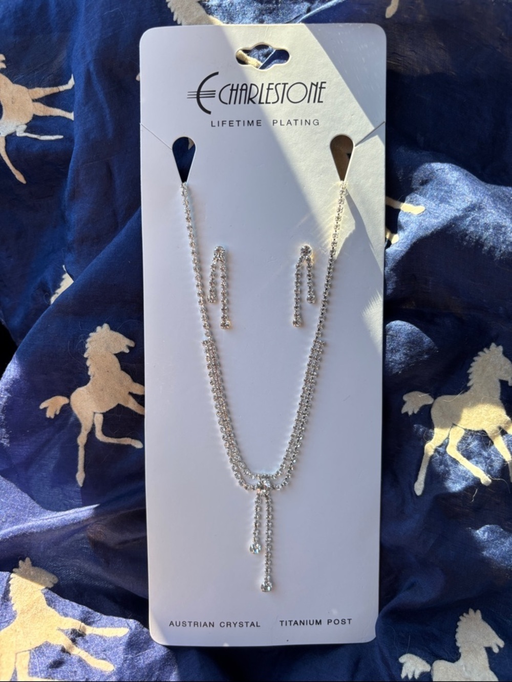 Brand New Austrian Crystal Necklace & Titanium Post Earring Set Silver Tone Prom